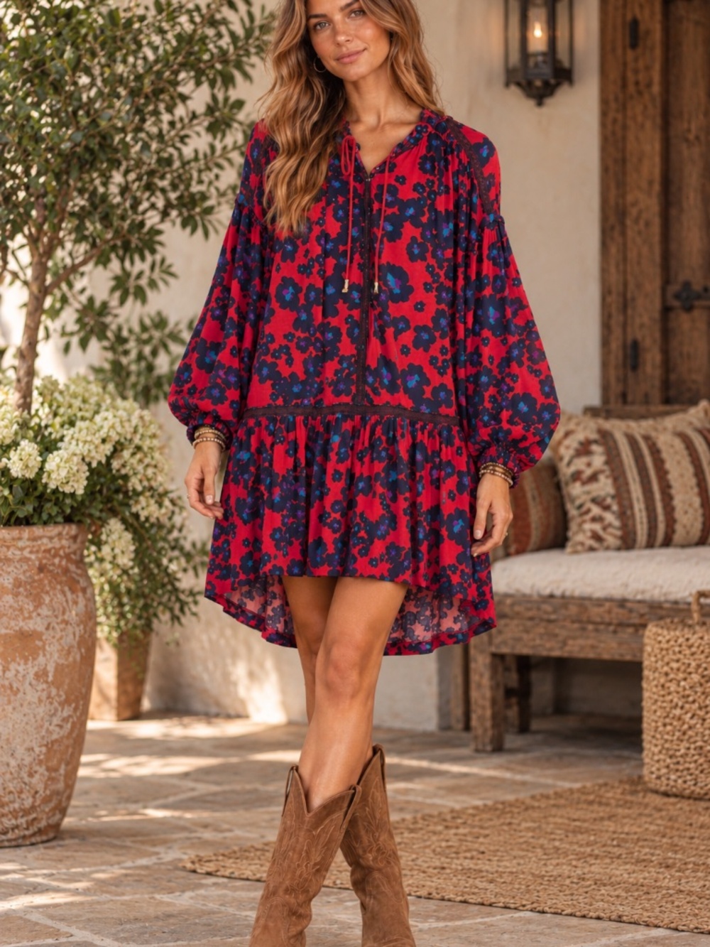 Free People mini dress XS long balloon sleeve ruffle crochet hi/low boho relaxed